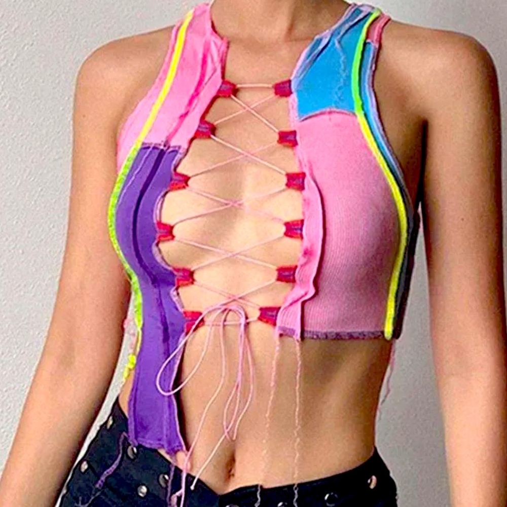 Multi-colored crop top with laced up front.